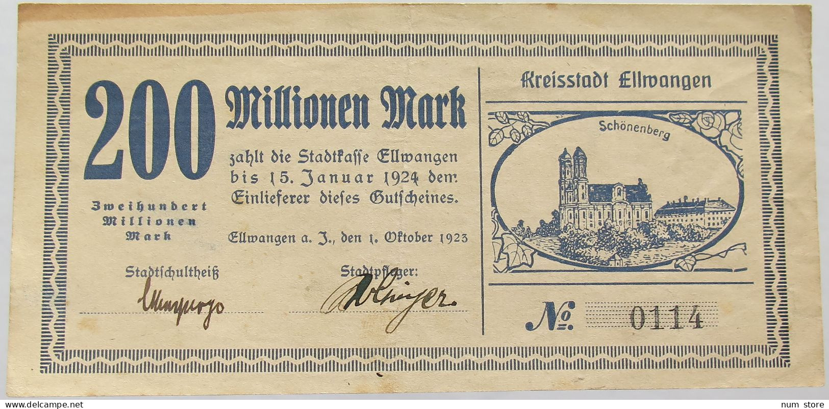GERMANY 200 MILLIONEN MARK 1923 ELLWANGEN #alb002 0263 - 100 Millionen Mark