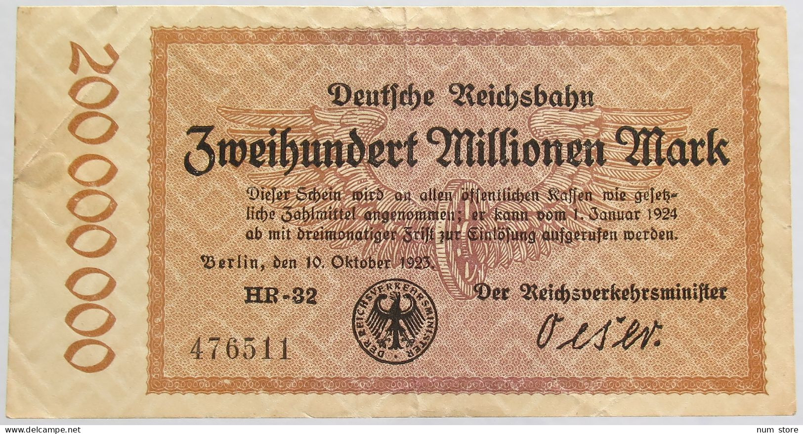 GERMANY 200 MILLIONEN MARK 1923 REICHSBAHN #alb012 0077 - 100 Mio. Mark