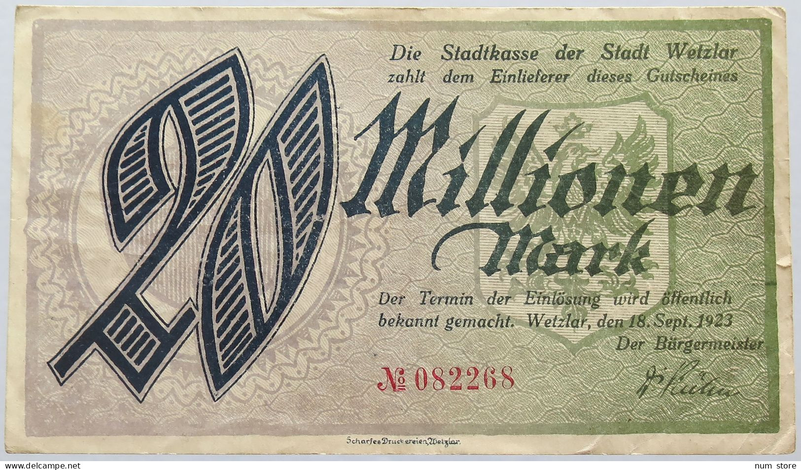 GERMANY 20 MILLIONEN MARK WETZLAR #alb004 0257 - 20 Mio. Mark