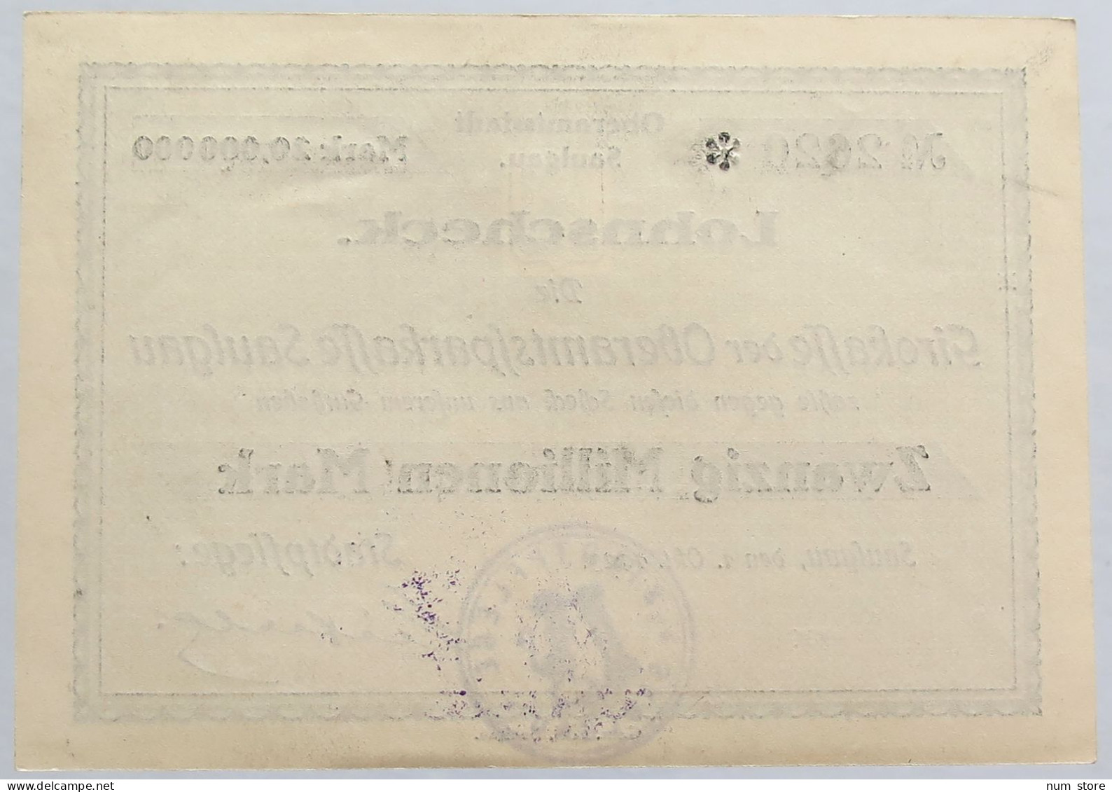 GERMANY 20 MILLIONEN MARK 1923 SAULGAU #alb002 0477 - 20 Miljoen Mark