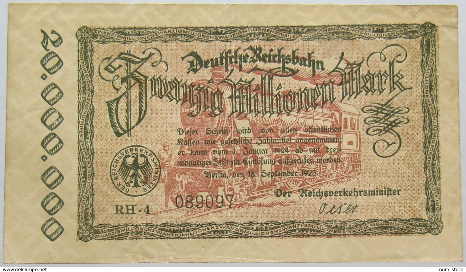 GERMANY 20 MILLIONEN MARK 1923 REICHSBAHN #alb011 0073 - 20 Miljoen Mark