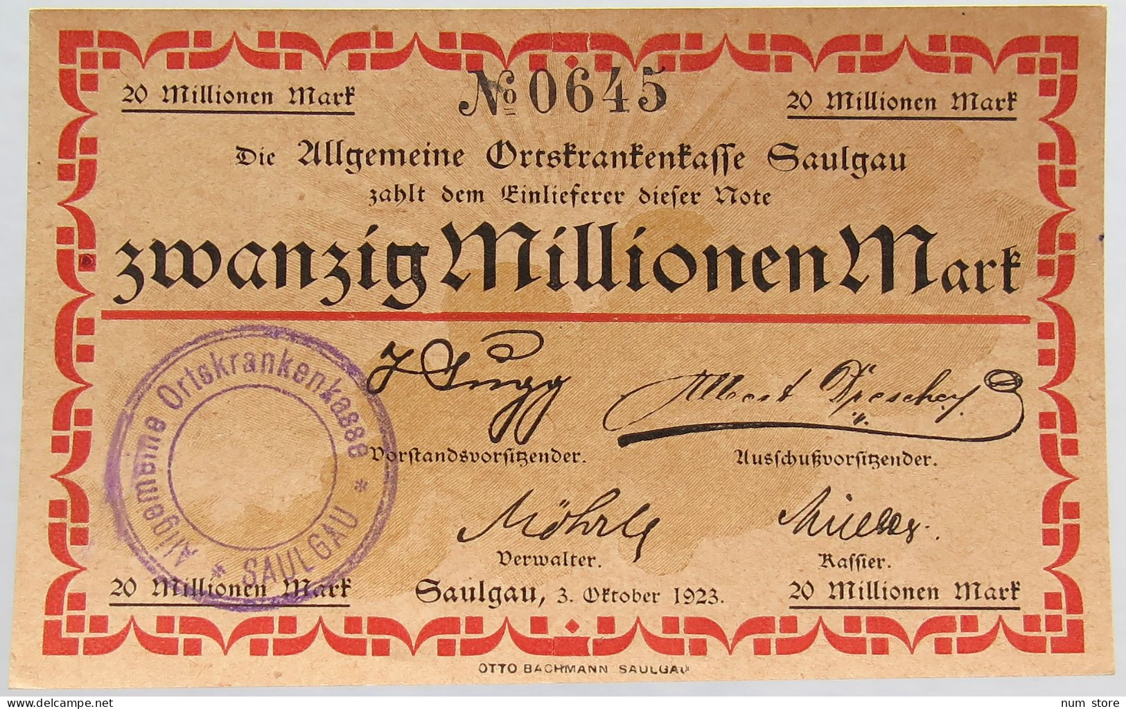 GERMANY 20 MILLIONEN MARK 1923 SAULGAU #alb002 0377 - 20 Mio. Mark
