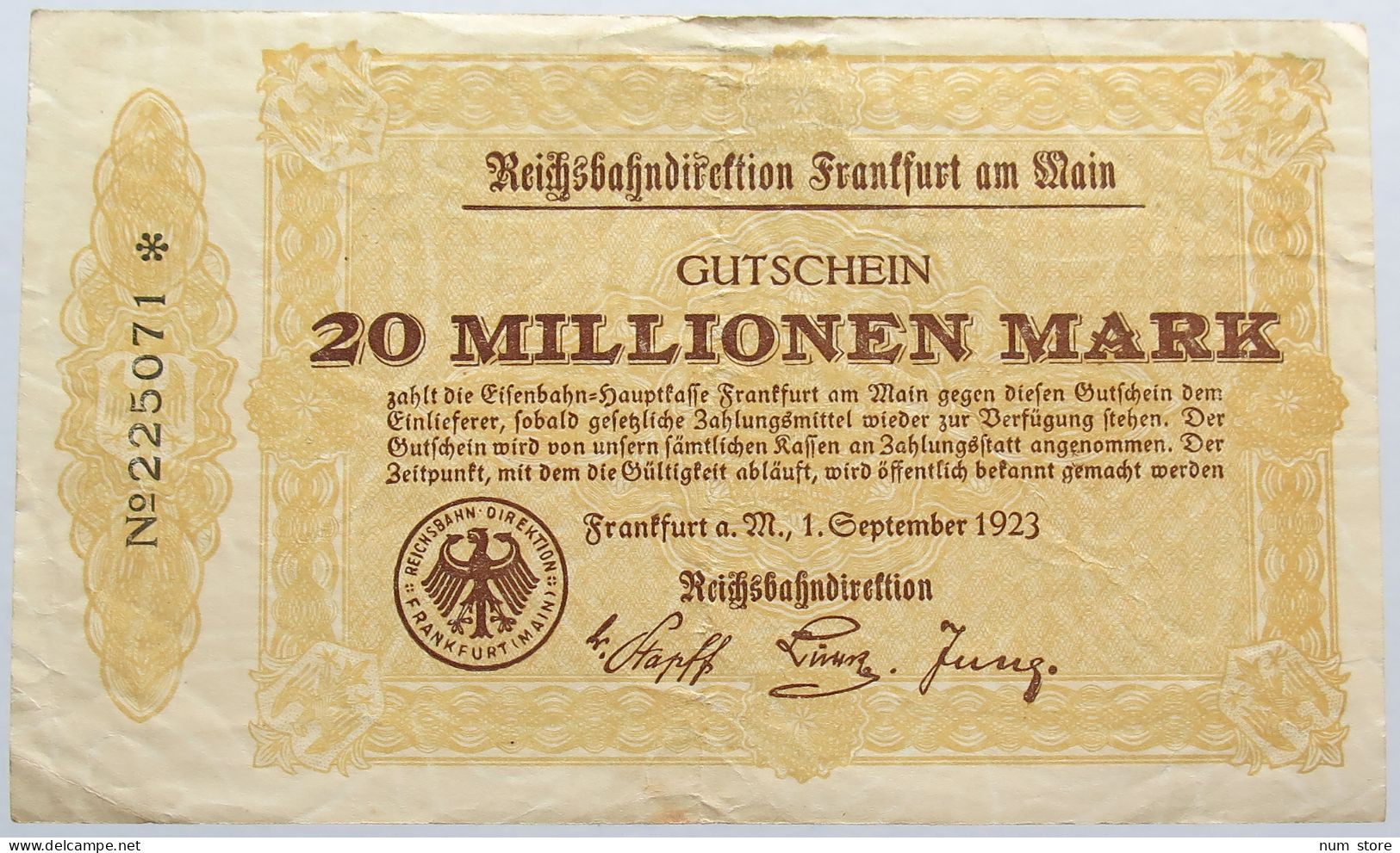 GERMANY 20 MILLIONEN MARK 1923 FRANKFURT #alb004 0413 - 20 Miljoen Mark