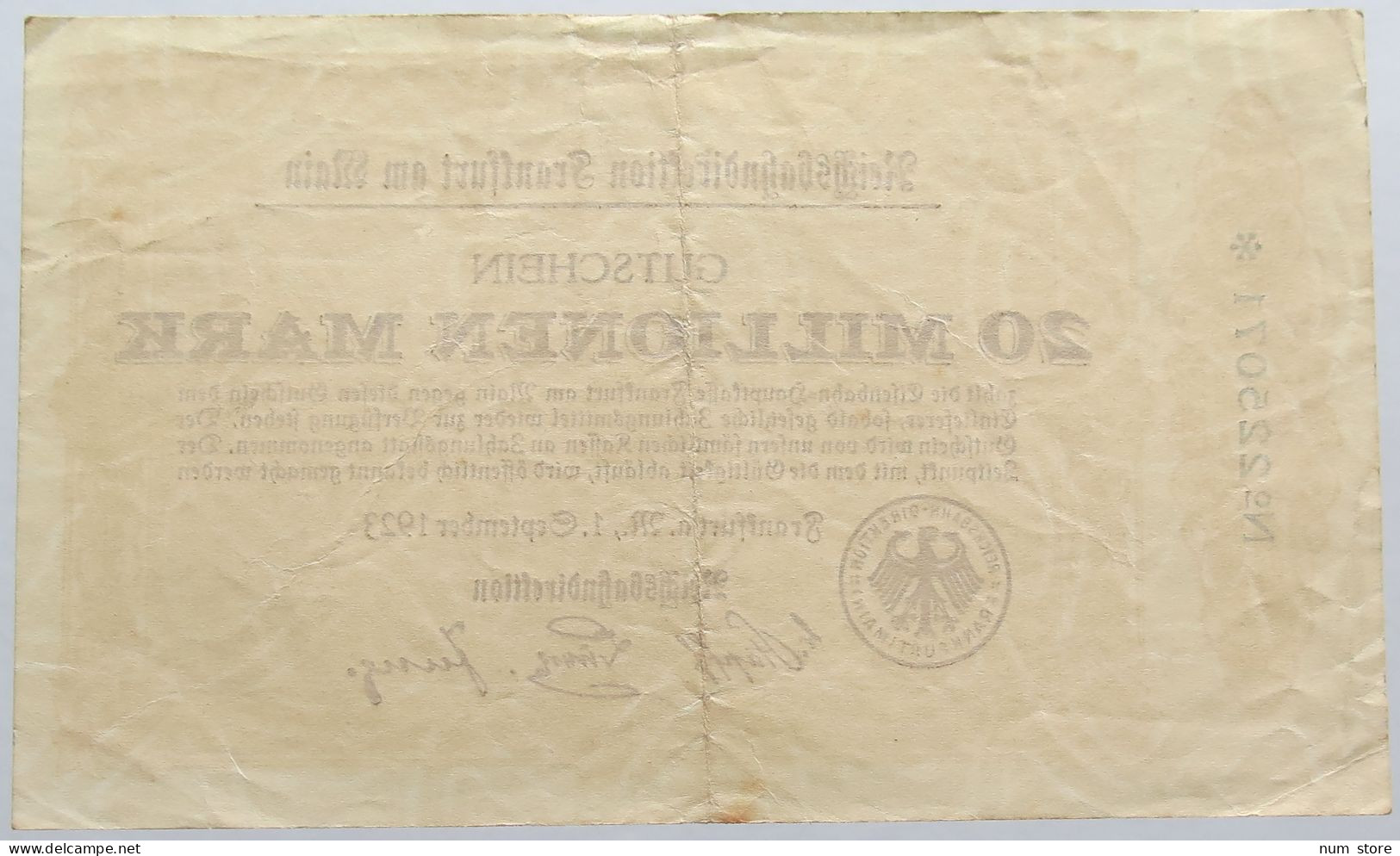 GERMANY 20 MILLIONEN MARK 1923 FRANKFURT #alb004 0413 - 20 Mio. Mark