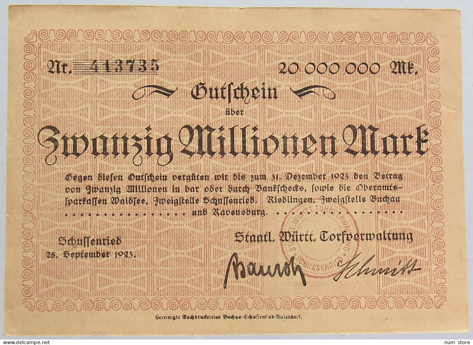 GERMANY 20 MILLIONEN MARK 1923 #alb002 0391 - 20 Millionen Mark