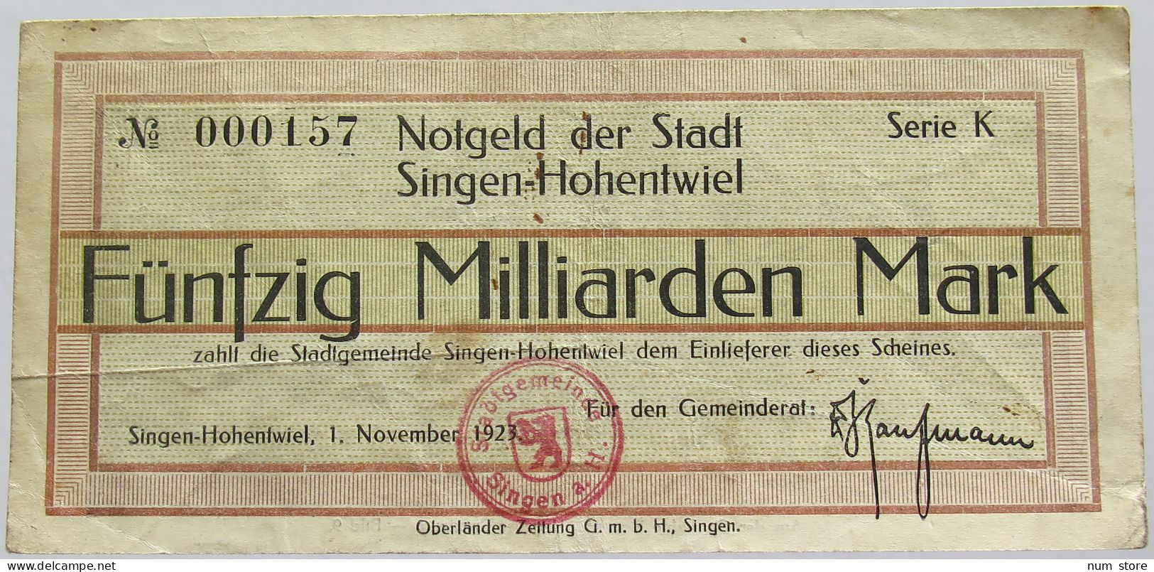 GERMANY 20 MILLIARDEN MARK 1923 SINGEN #alb010 0113 - 20 Miljard Mark