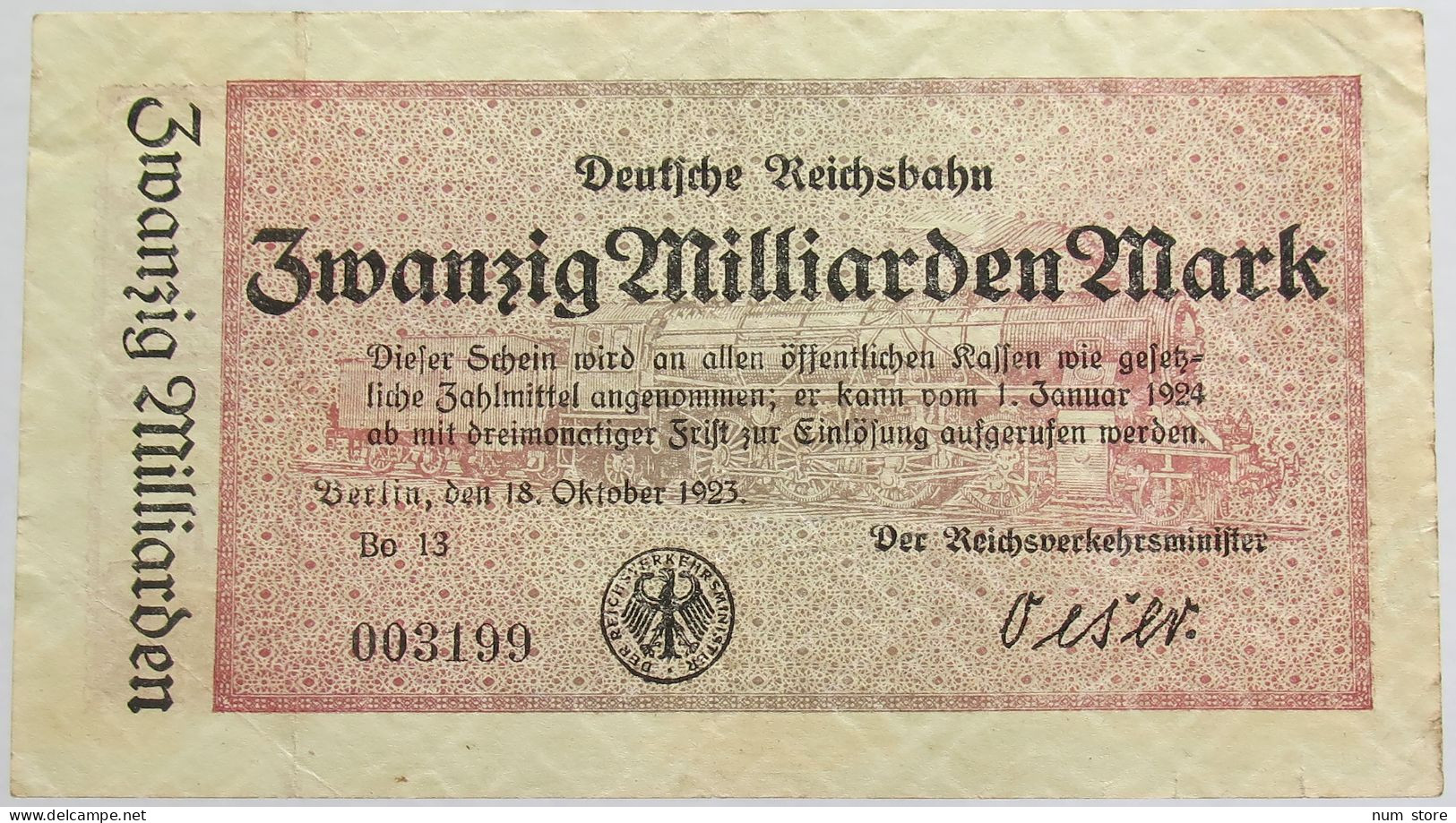 GERMANY 20 MILLIARDEN MARK 1923 REICHSBAHN #alb012 0071 - 20 Mrd. Mark