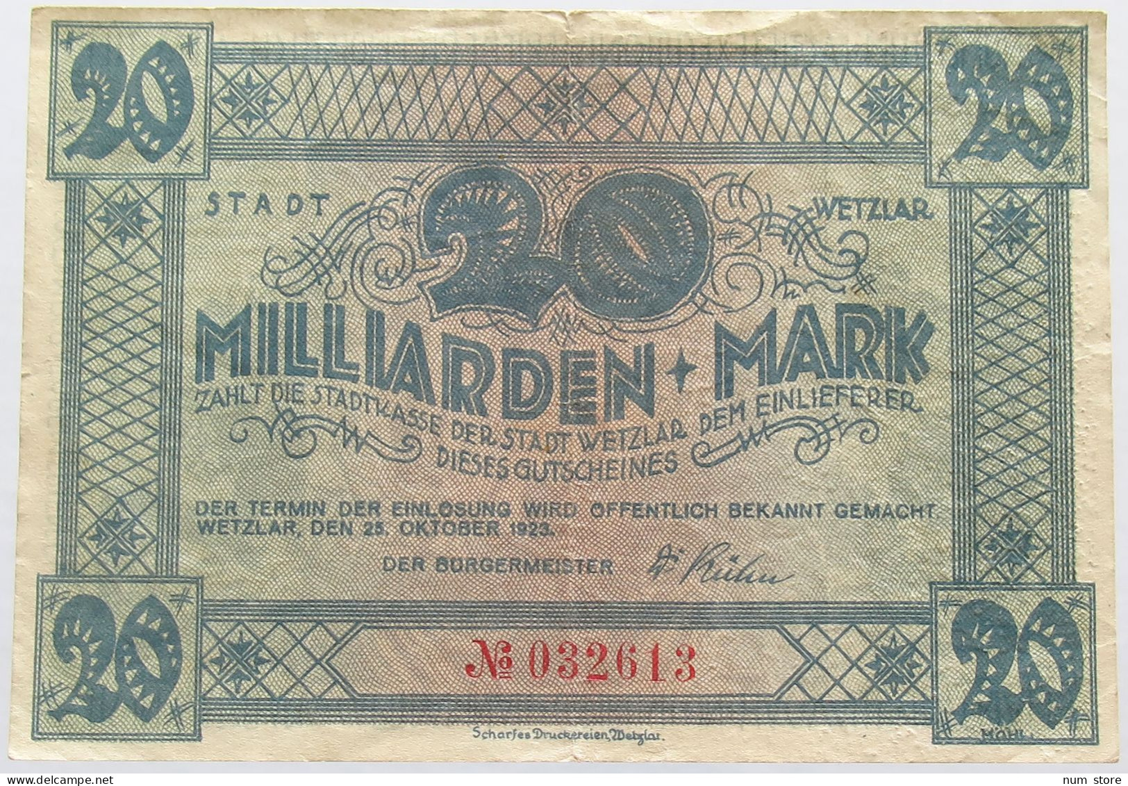 GERMANY 20 MILLIARDEN MARK WETZLAR #alb004 0025 - 20 Miljard Mark