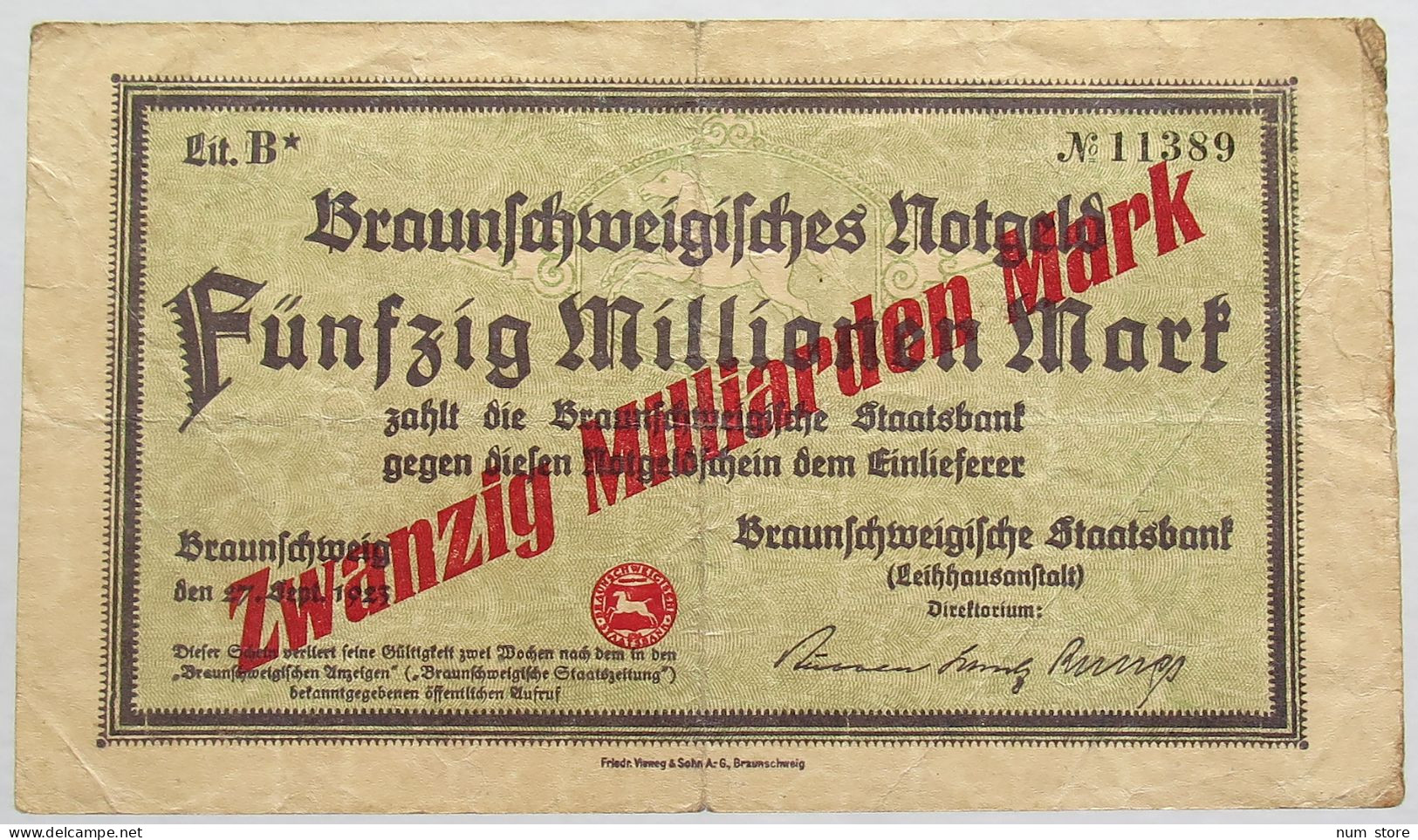 GERMANY 20 MILLIARDEN MARK 1923 BRAUNSCHWEIG #alb008 0001 - 20 Milliarden Mark