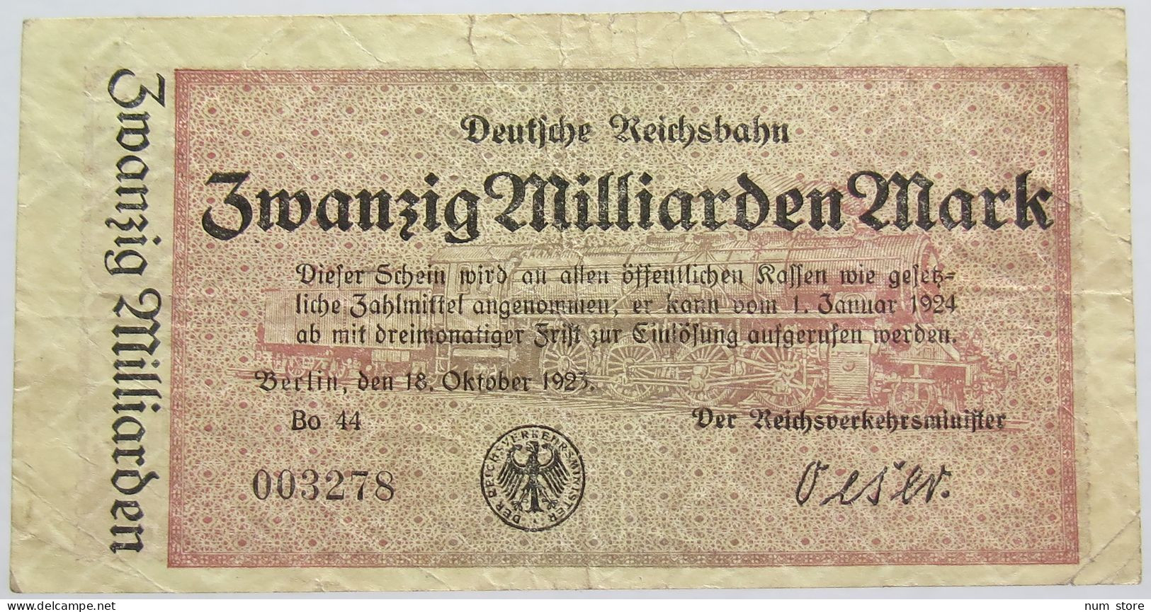 GERMANY 20 MILLIARDEN MARK 1923 REICHSBAHN #alb010 0031 - 20 Mrd. Mark