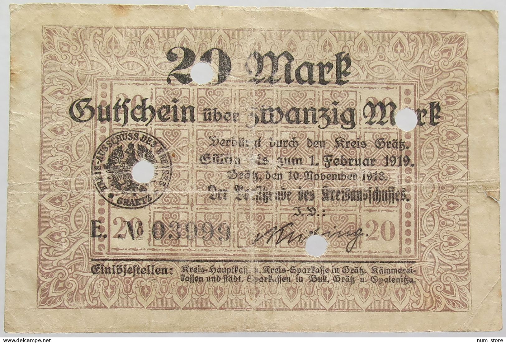 GERMANY 20 MARK GRATZ 1919 #alb002 0177 - 20 Mark