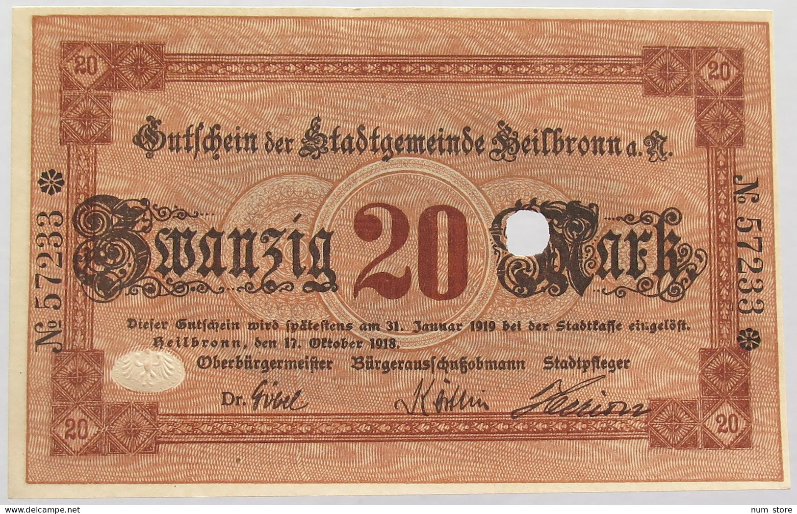 GERMANY 20 MARK 1919 HEILBRONN #alb002 0203 - 20 Mark