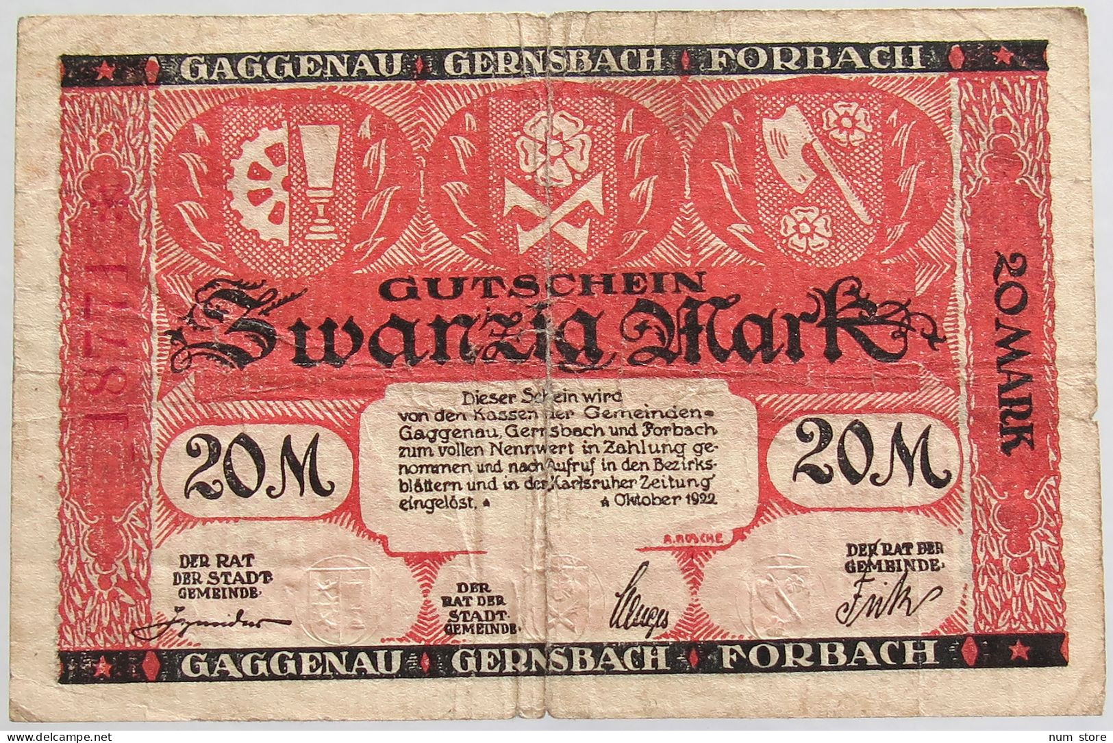 GERMANY 20 MARK 1922 GAGGENAU #alb012 0049 - 20 Mark