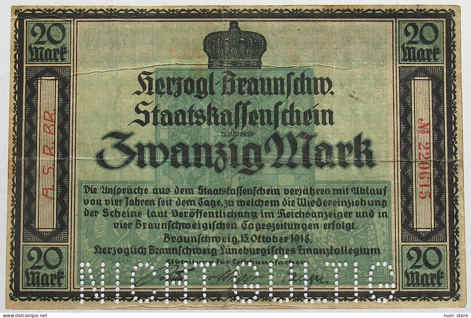 GERMANY 20 MARK 1918 BRAUNSCHWEIG #alb008 0009 - 20 Mark