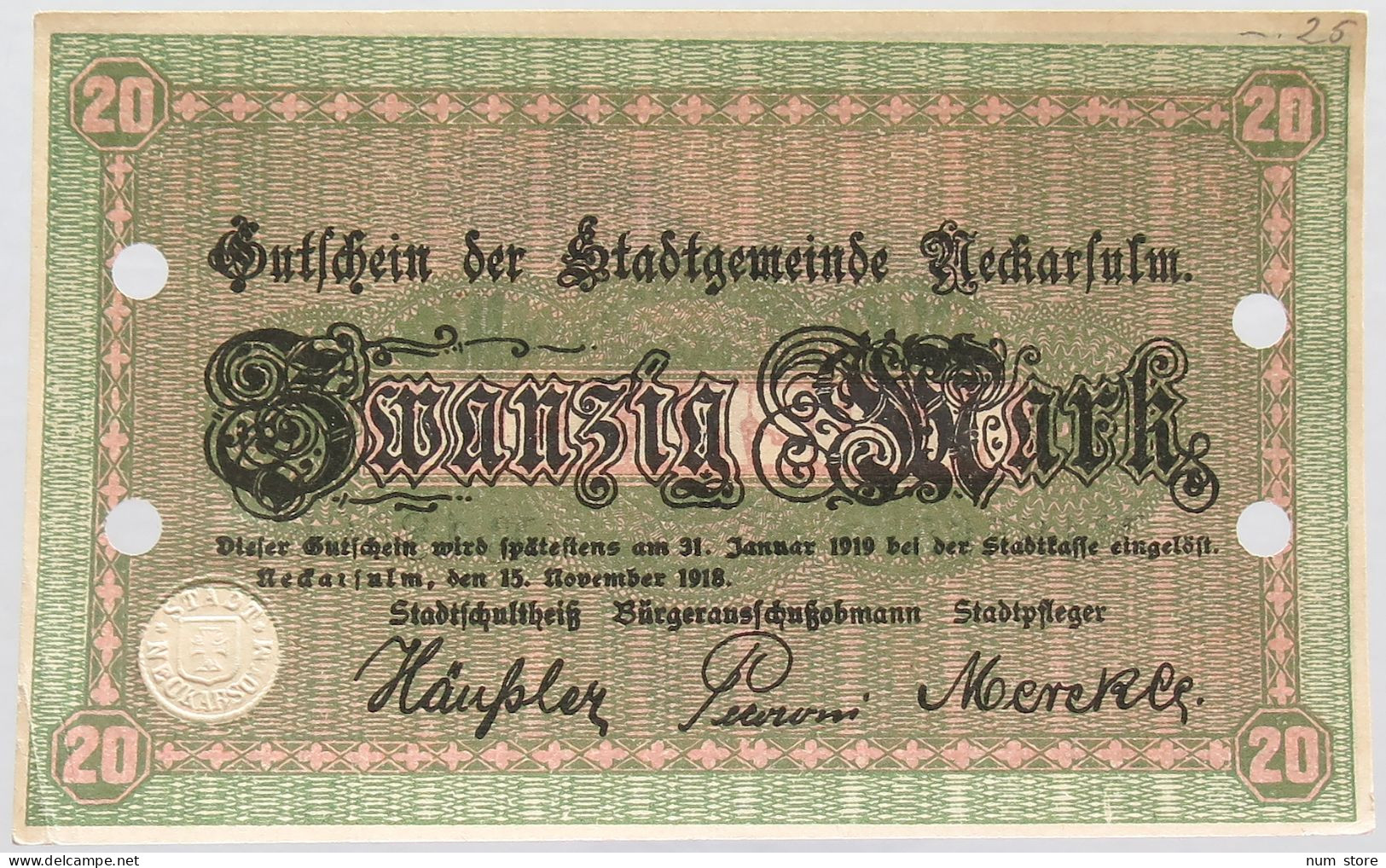 GERMANY 20 MARK 1918 NECKARSULM #alb002 0219 - 20 Mark