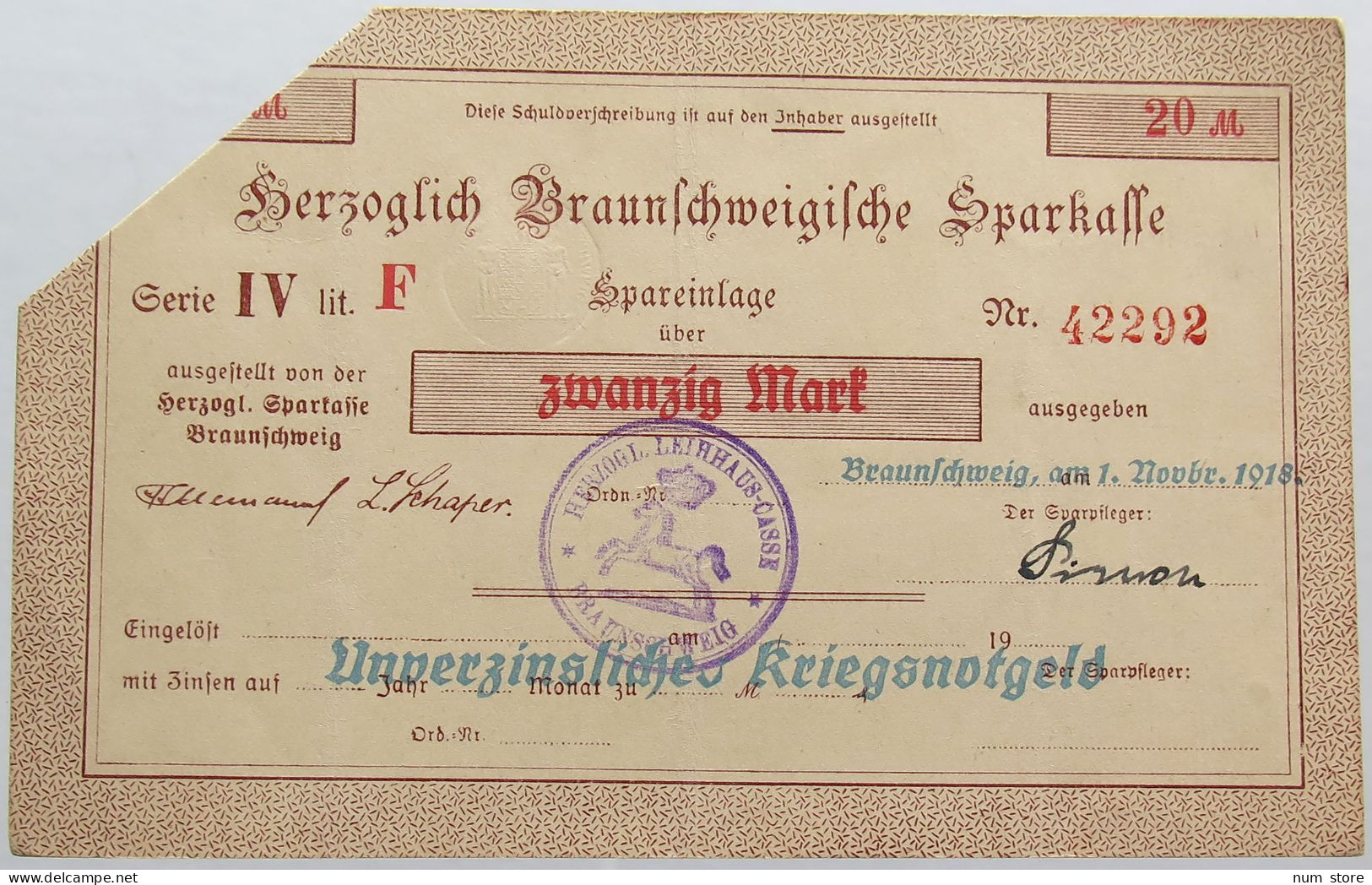 GERMANY 20 MARK 1918 BRAUNSCHWEIG #alb004 0607 - 20 Mark