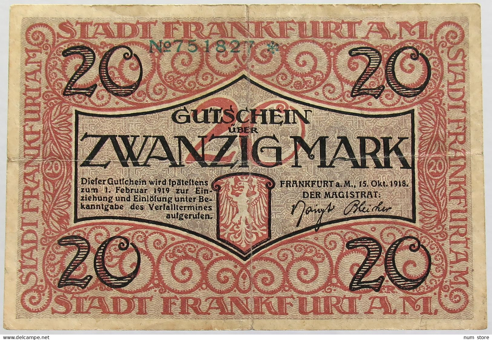 GERMANY 20 MARK 1918 FRANKFURT AM MAIN #alb010 0149 - 20 Mark