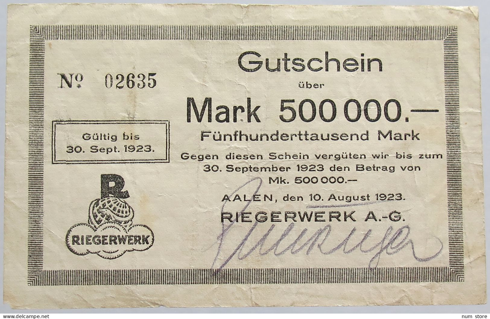 GERMANY 500000 MARK 1923 RIEGERWERK #alb002 0355 - 500000 Mark