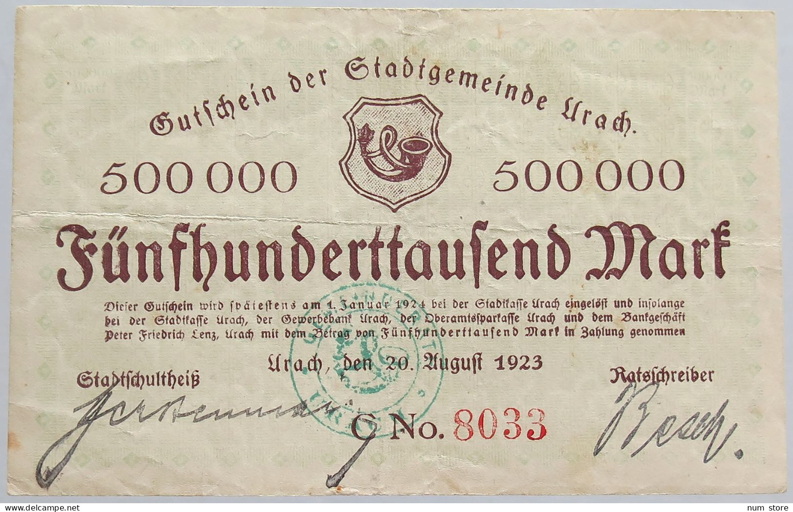 GERMANY 500000 MARK 1923 URACH 1923 #alb002 0347 - 500.000 Mark