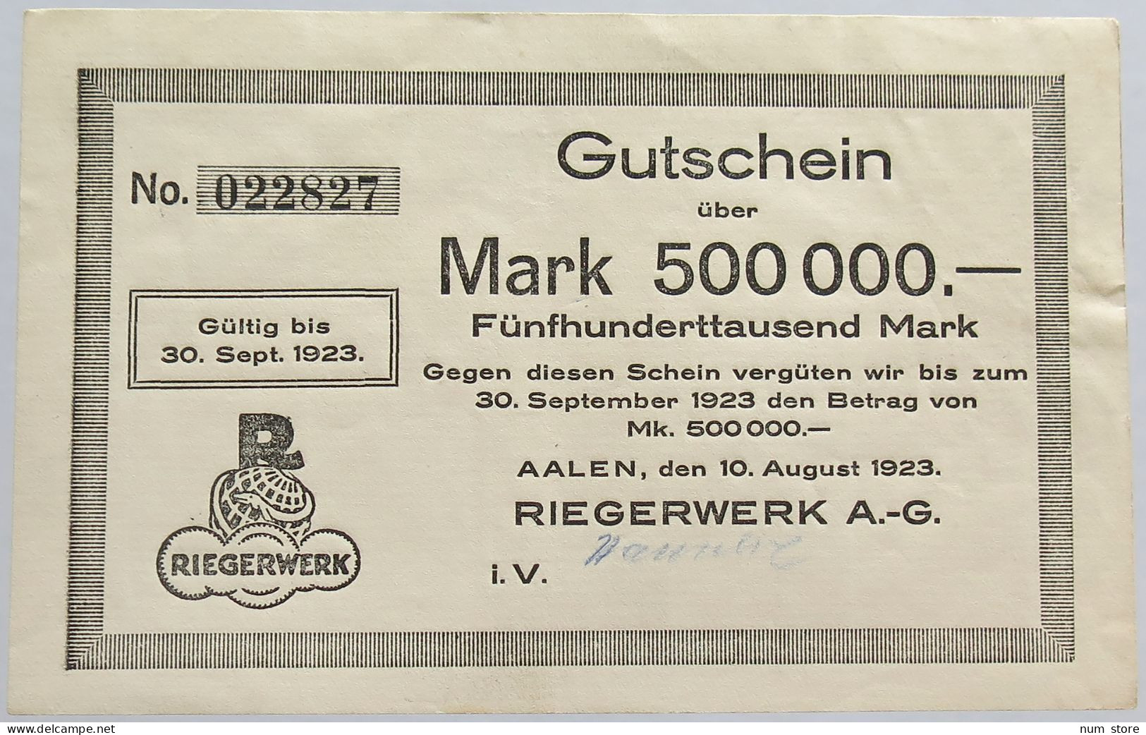 GERMANY 500000 MARK 1923 RIEGERWERK #alb002 0359 - 500000 Mark