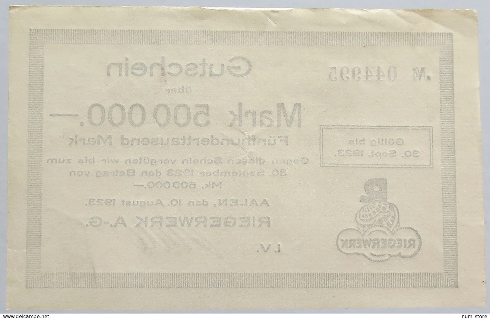 GERMANY 500000 MARK 1923 RIEGERWERK #alb002 0357 - 500000 Mark