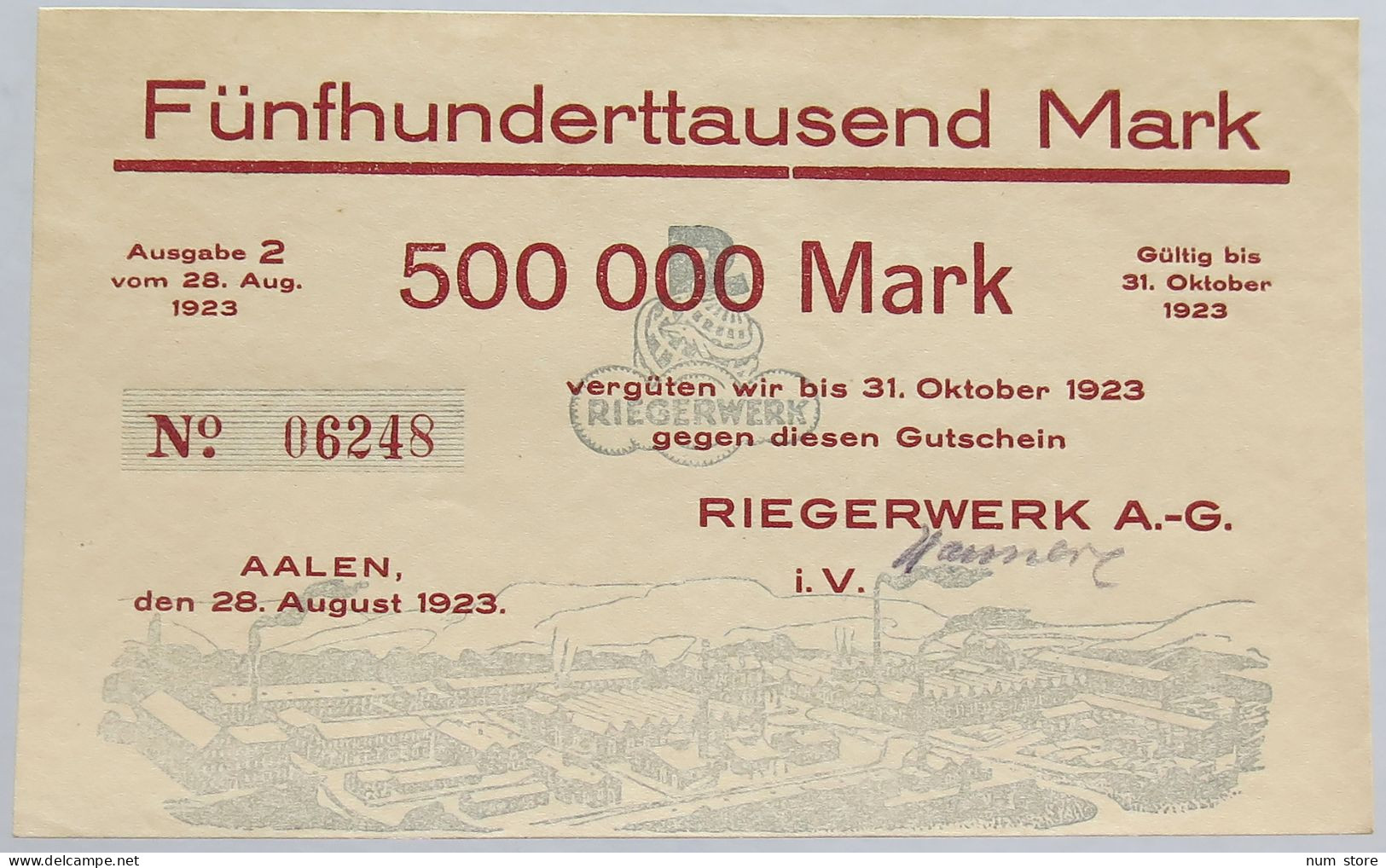 GERMANY 500000 MARK 1923 RIEGERWERK #alb002 0353 - 500000 Mark