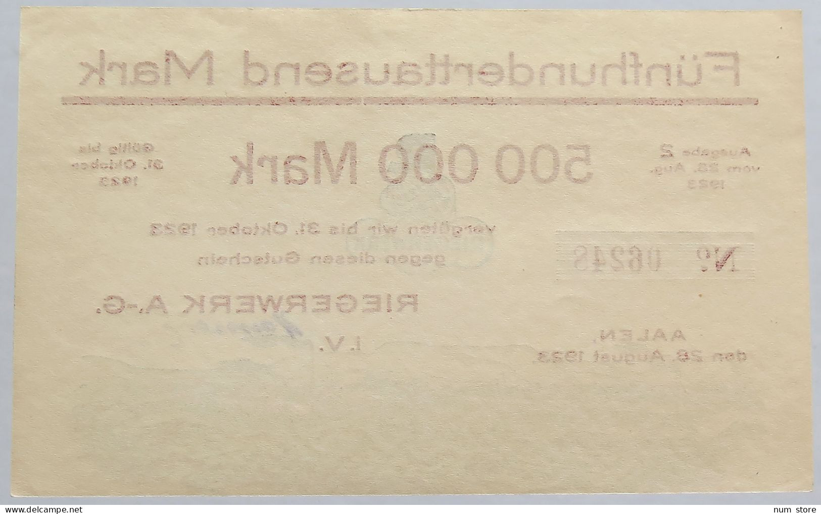 GERMANY 500000 MARK 1923 RIEGERWERK #alb002 0353 - 500000 Mark