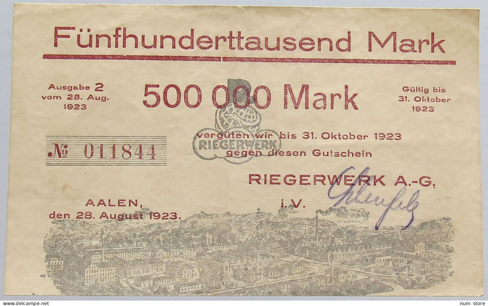 GERMANY 500000 MARK 1923 RIEGERWERK #alb002 0351 - 500.000 Mark