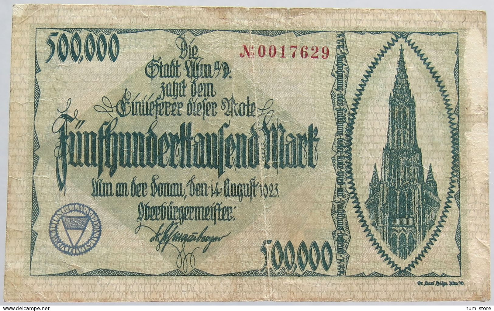 GERMANY 500000 MARK 1922 ULM #alb002 0335 - 500.000 Mark