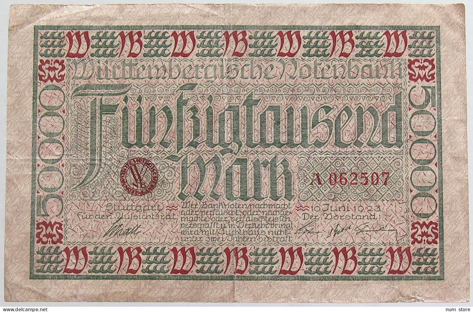 GERMANY 50000 MARK 1923 WURTTEMBERG #alb012 0023 - 50000 Mark