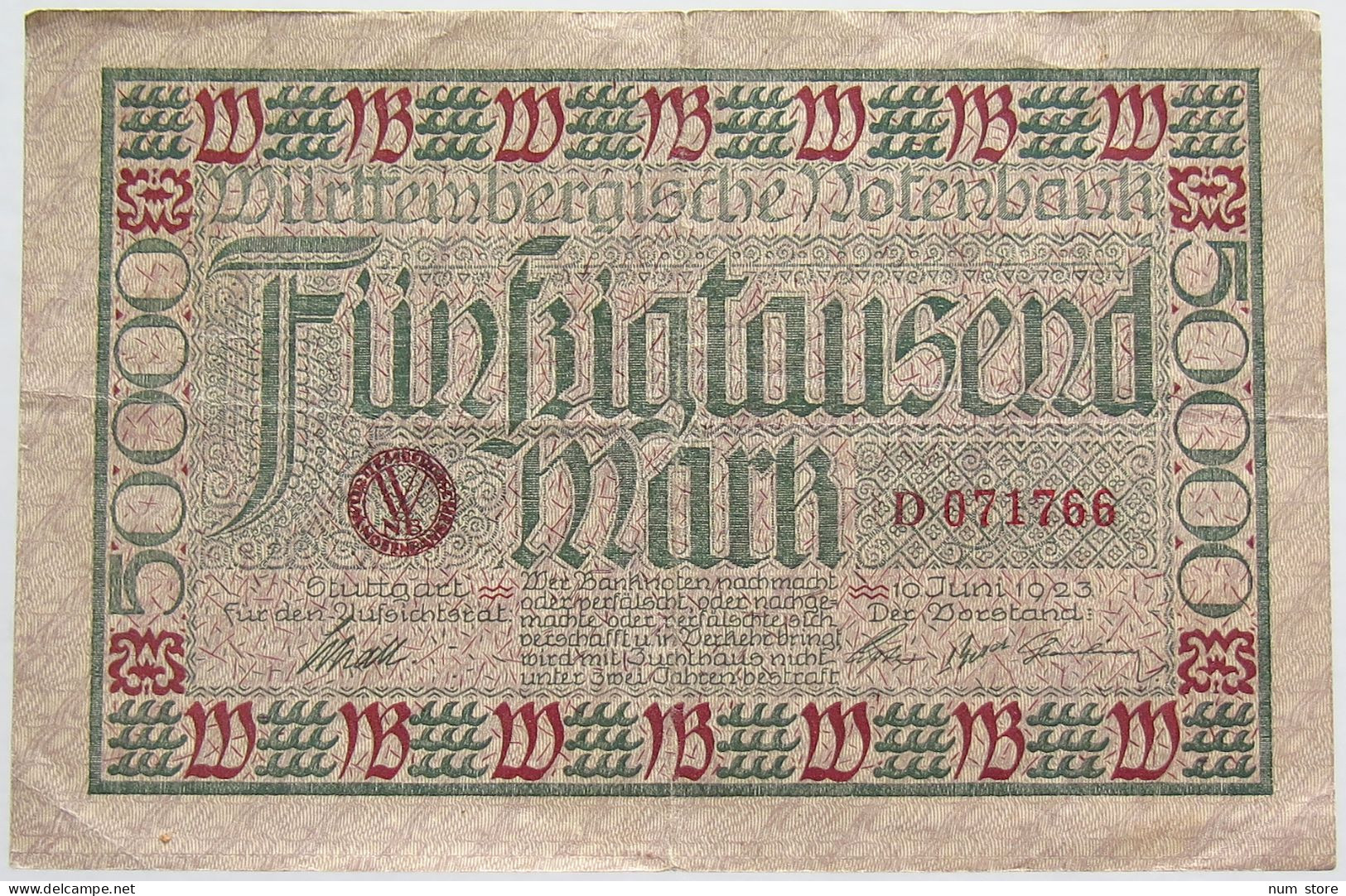 GERMANY 50000 MARK 1923 WURTTEMBERG #alb010 0003 - 50000 Mark