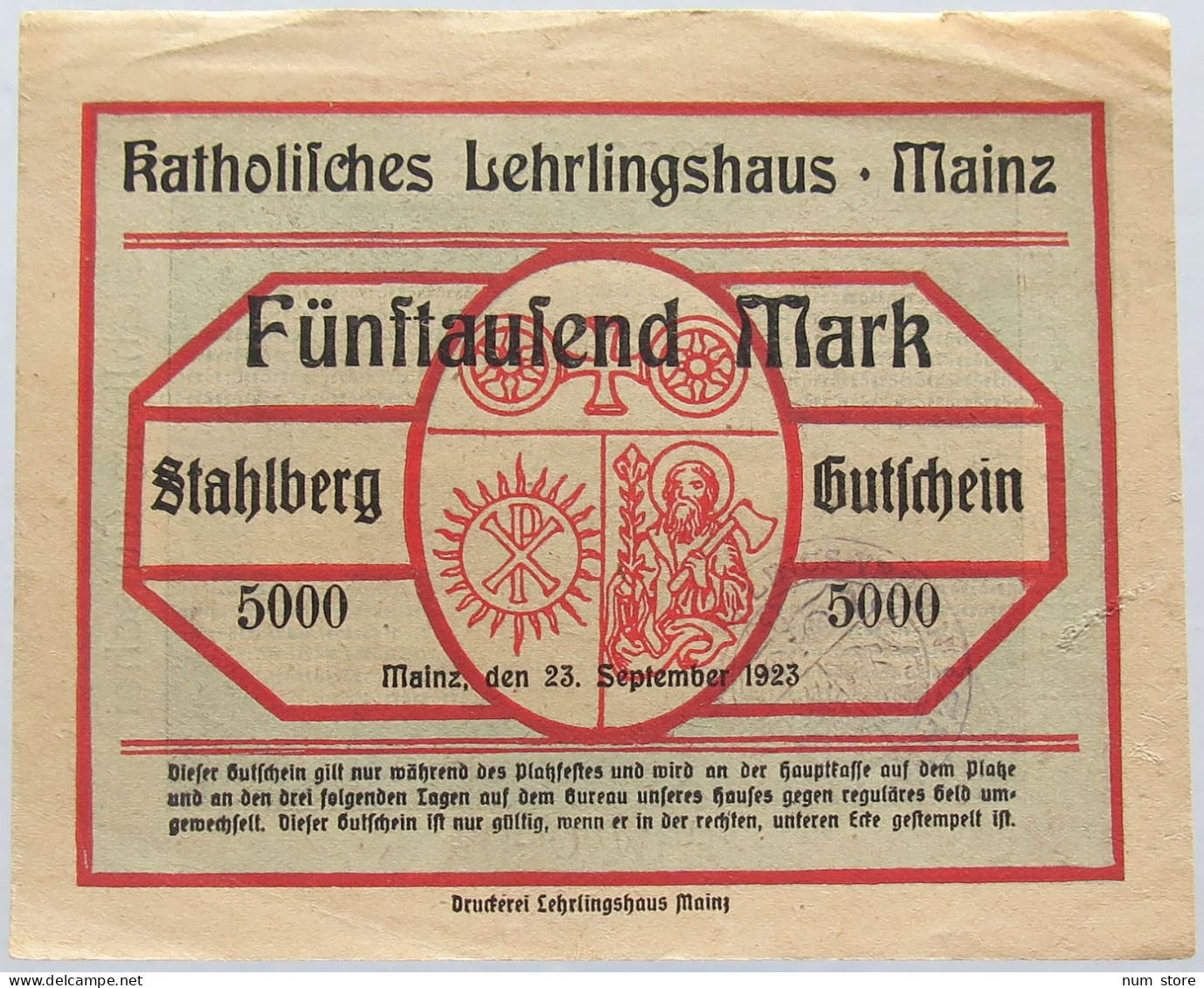 GERMANY 5000 MARK MAINZ RARE Katholisches Lehrlingshaus #alb004 0249 - 5.000 Mark