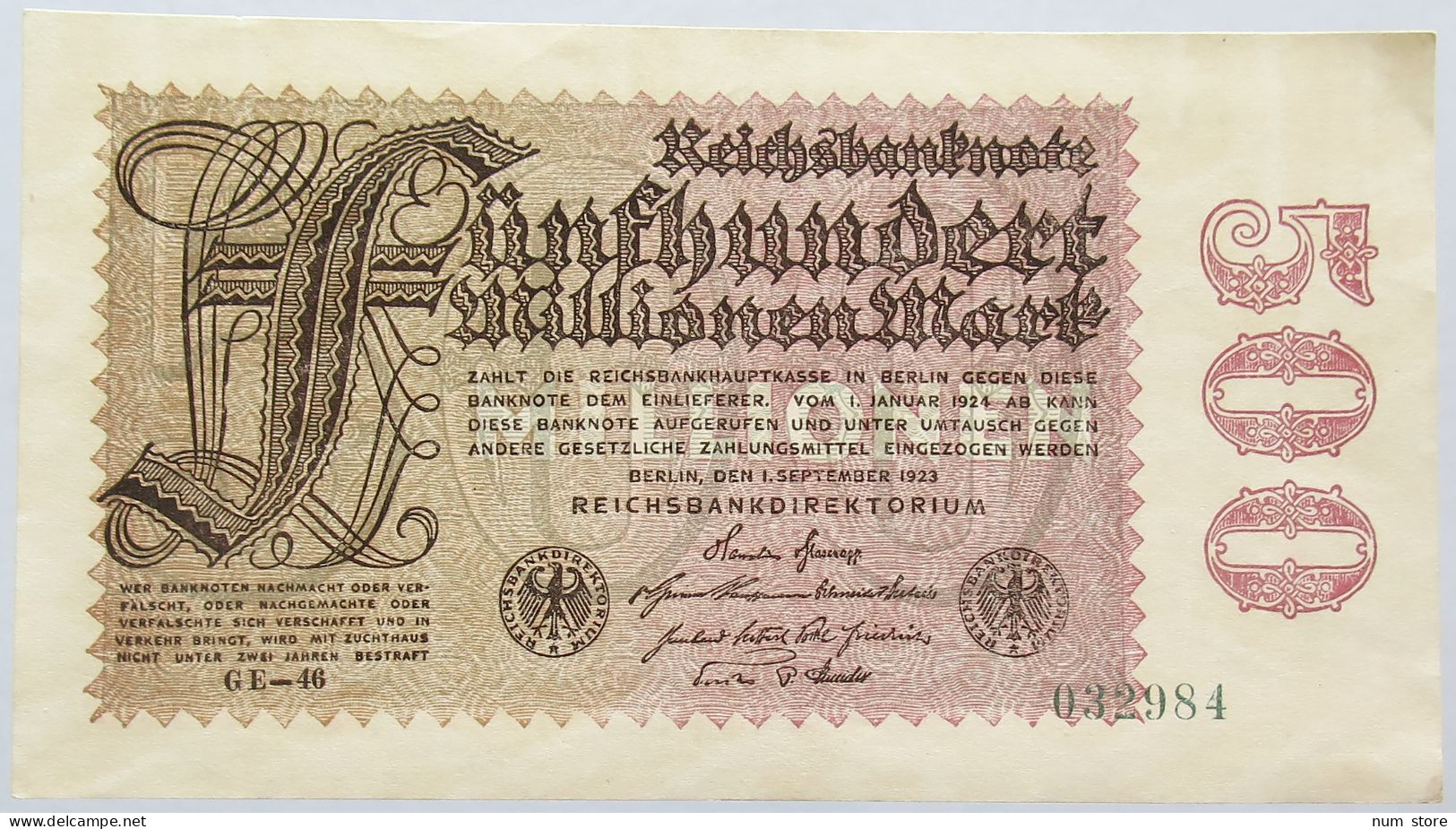 GERMANY 500 MILLIONEN MARK 1924 #alb004 0161 - 500 Millionen Mark