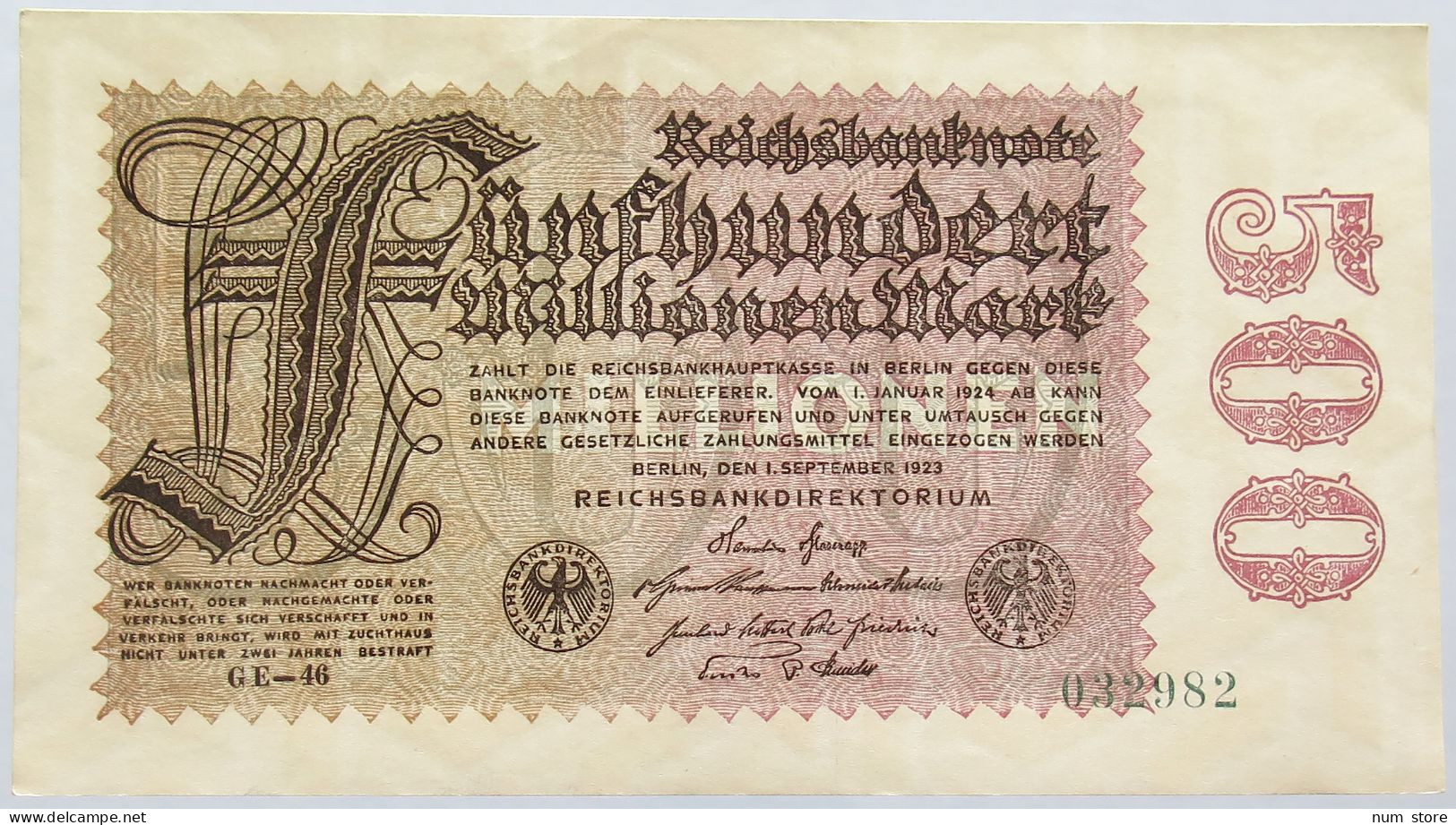 GERMANY 500 MILLIONEN MARK 1924 #alb004 0165 - 500 Millionen Mark
