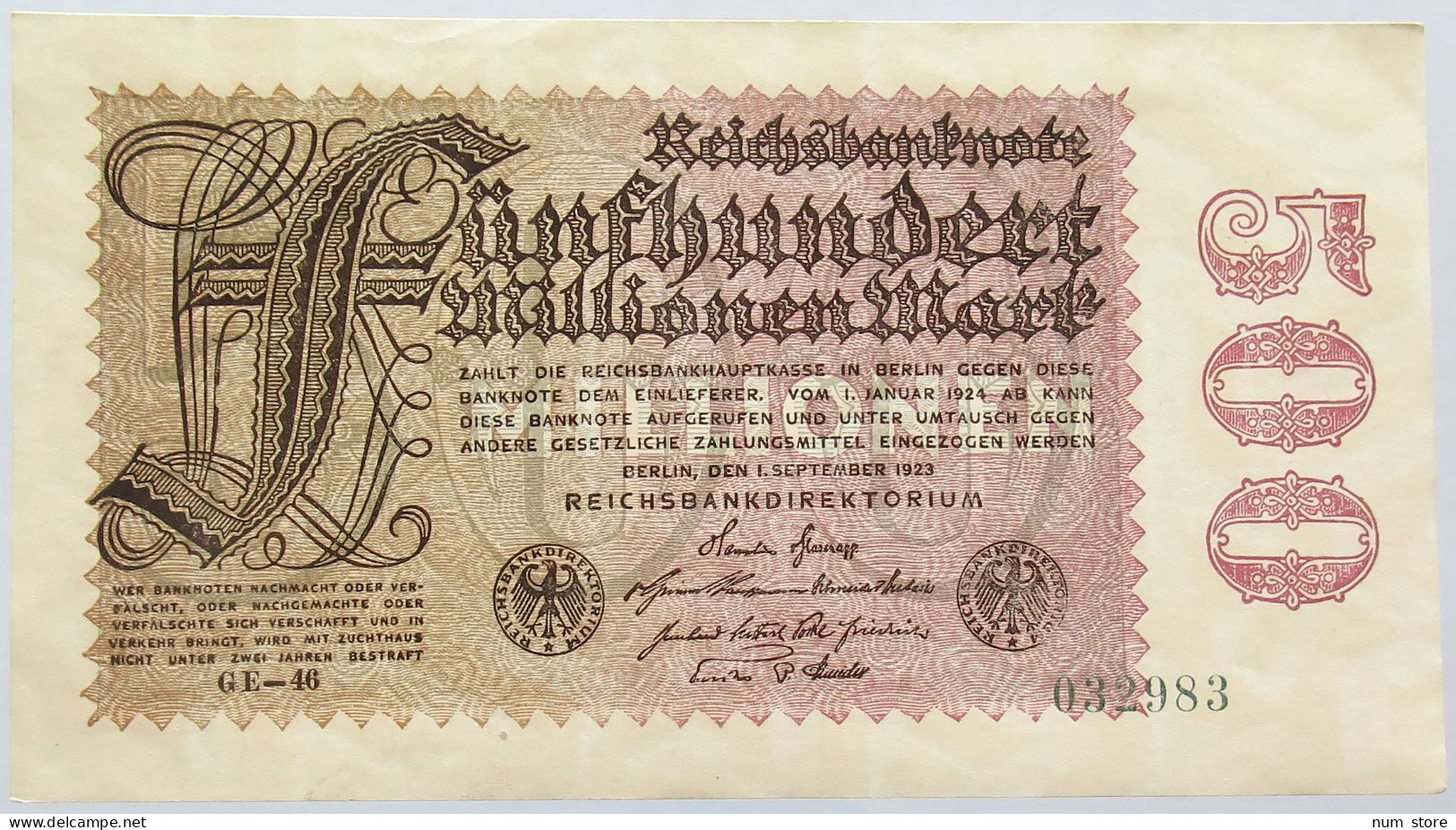 GERMANY 500 MILLIONEN MARK 1924 #alb004 0163 - 500 Millionen Mark