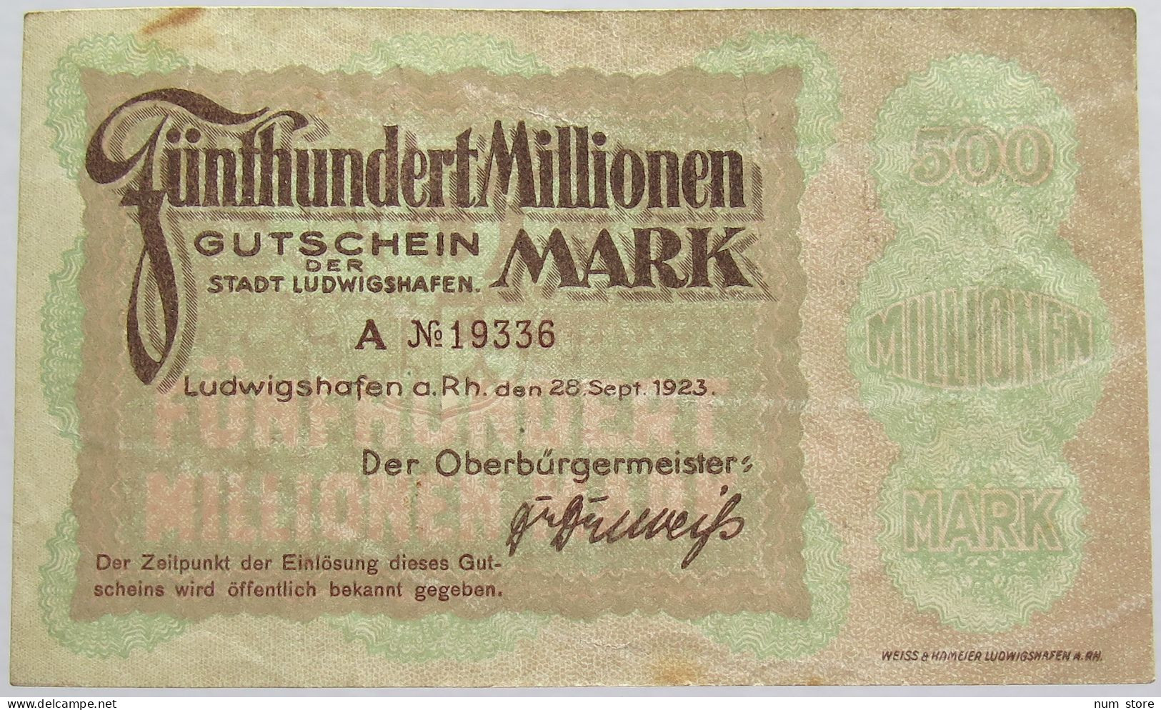 GERMANY 500 MILLIONEN MARK 1923 LUDWIGSHAFEN #alb019 0011 - 500 Miljoen Mark