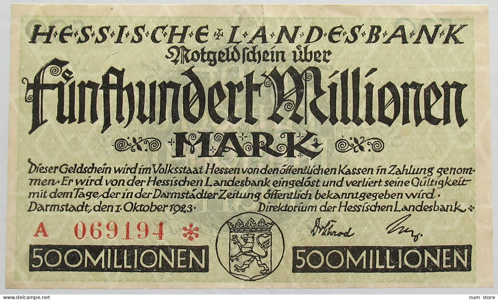 GERMANY 500 MILLIONEN MARK 1923 HESSEN #alb008 0021 - 500 Mio. Mark