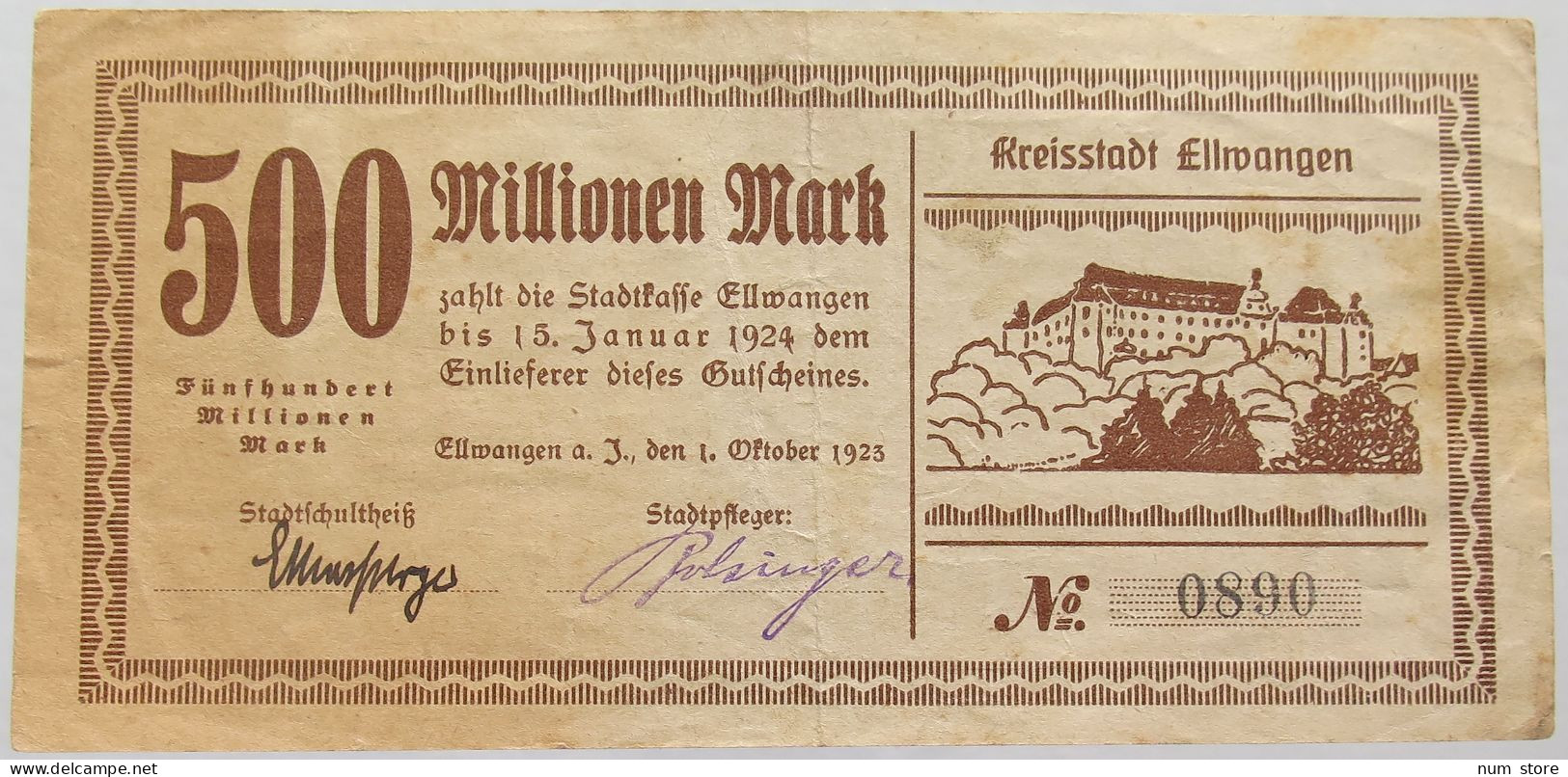 GERMANY 500 MILLIONEN MARK 1923 ELLWANGEN #alb002 0267 - 500 Mio. Mark