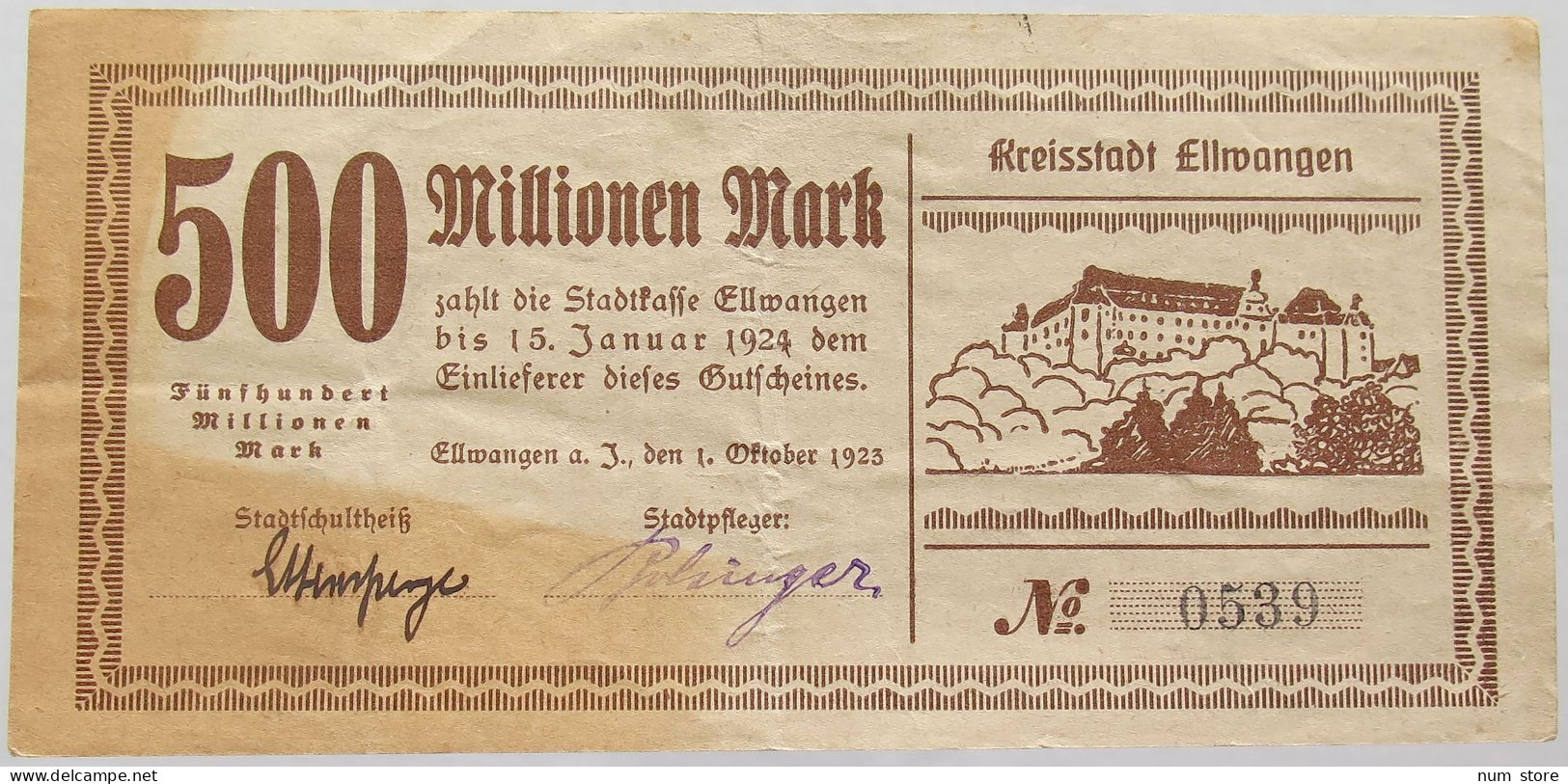 GERMANY 500 MILLIONEN MARK 1923 ELLWANGEN #alb002 0265 - 500 Millionen Mark