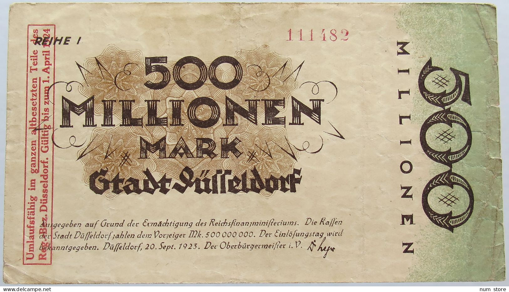 GERMANY 500 MILLIONEN MARK 1923 DUSSELDORF #alb004 0357 - 500 Miljoen Mark