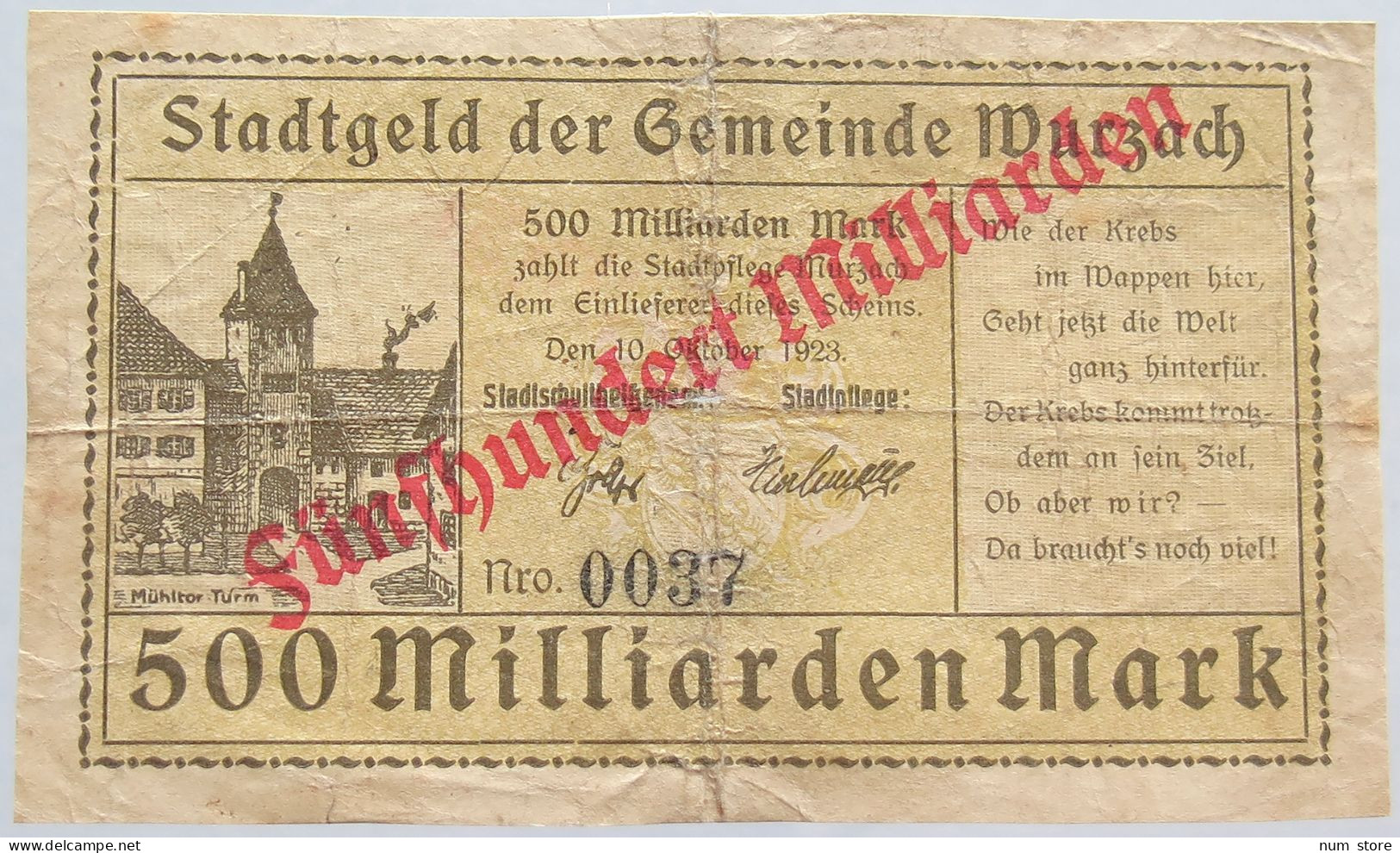 GERMANY 500 MILLIARDEN MARK WURZACH 1923 #alb002 0315 - 500 Milliarden Mark