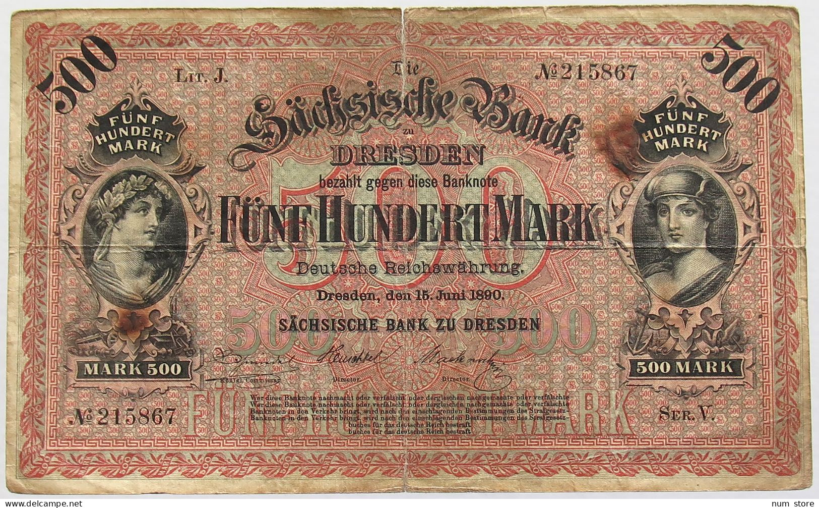 GERMANY 500 MARK 1890 DRESDEN #alb010 0163 - Andere & Zonder Classificatie