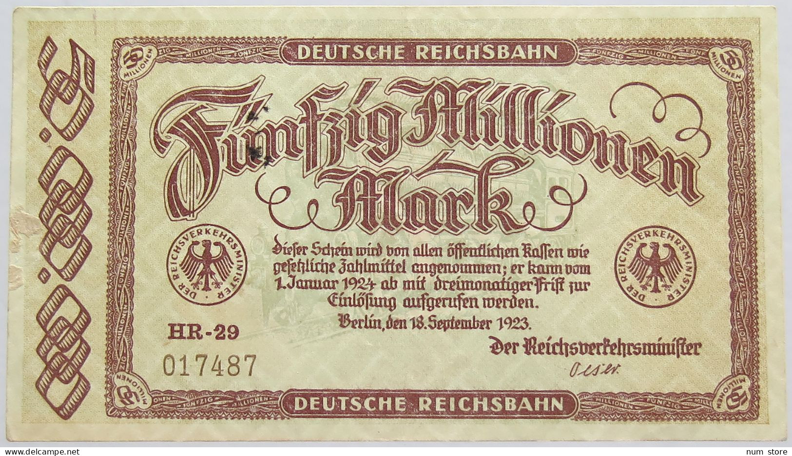 GERMANY 50 MILLIONEN MARK 1923 REICHSBAHN #alb010 0033 - 50 Millionen Mark