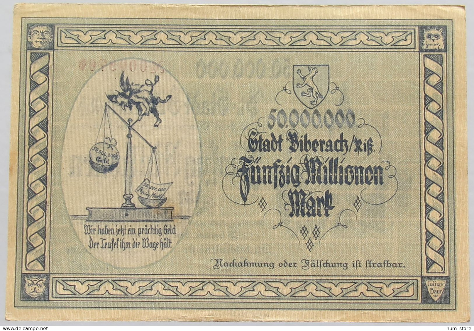GERMANY 50 MILLIONEN MARK BIBERACH 1923 #alb010 0185 - 50 Miljoen Mark