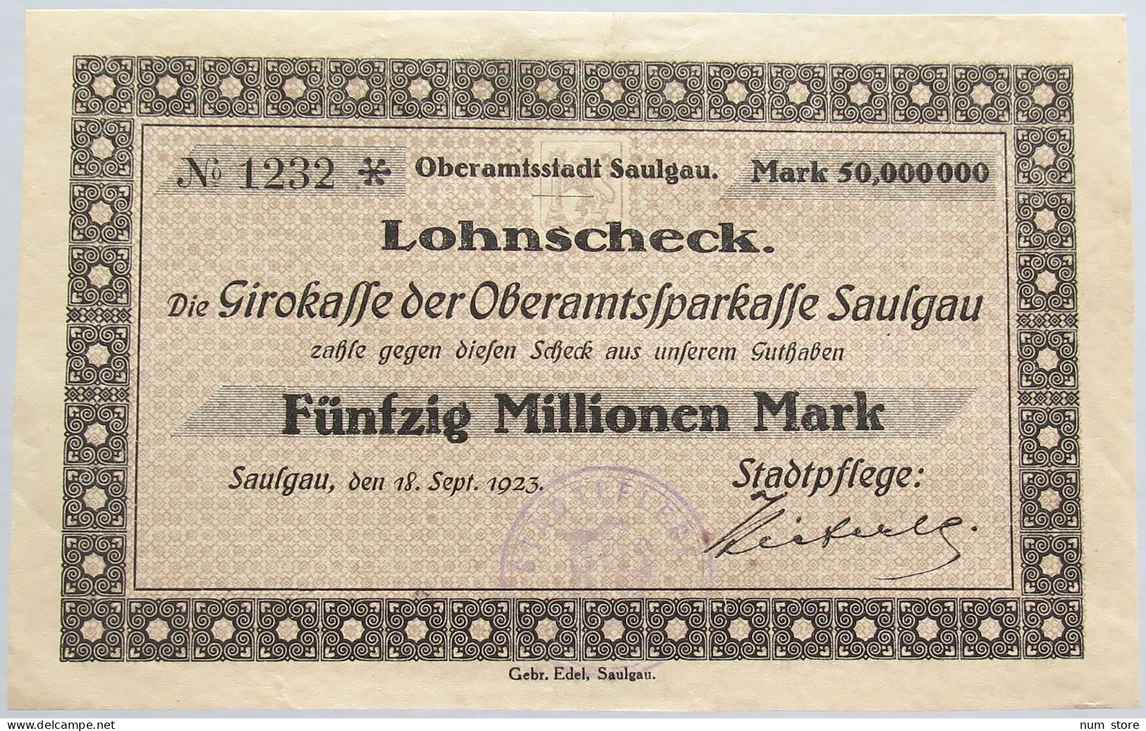 GERMANY 50 MILLIONEN MARK 1923 SAULGAU #alb002 0479 - 50 Mio. Mark