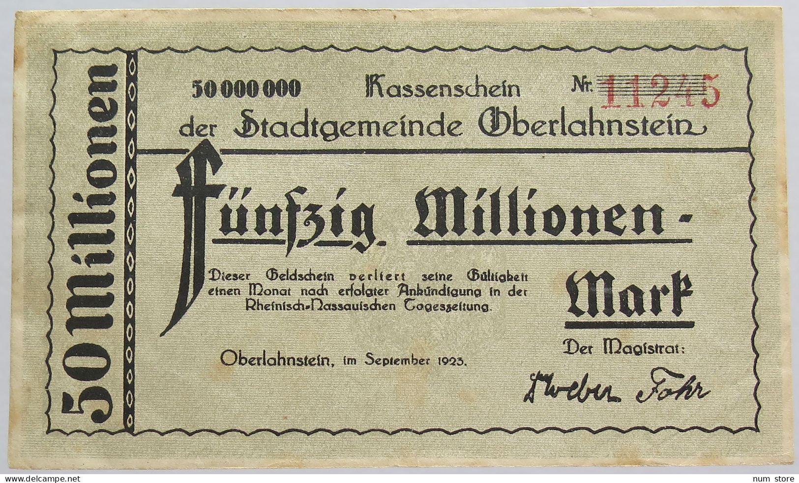 GERMANY 50 MILLIONEN MARK 1923 OBERLAHNSTEIN #alb019 0017 - 50 Millionen Mark