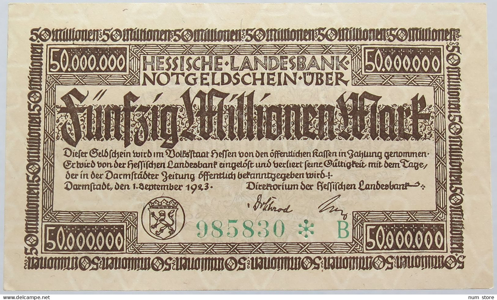 GERMANY 50 MILLIONEN MARK 1923 HESSEN #alb004 0275 - 50 Millionen Mark