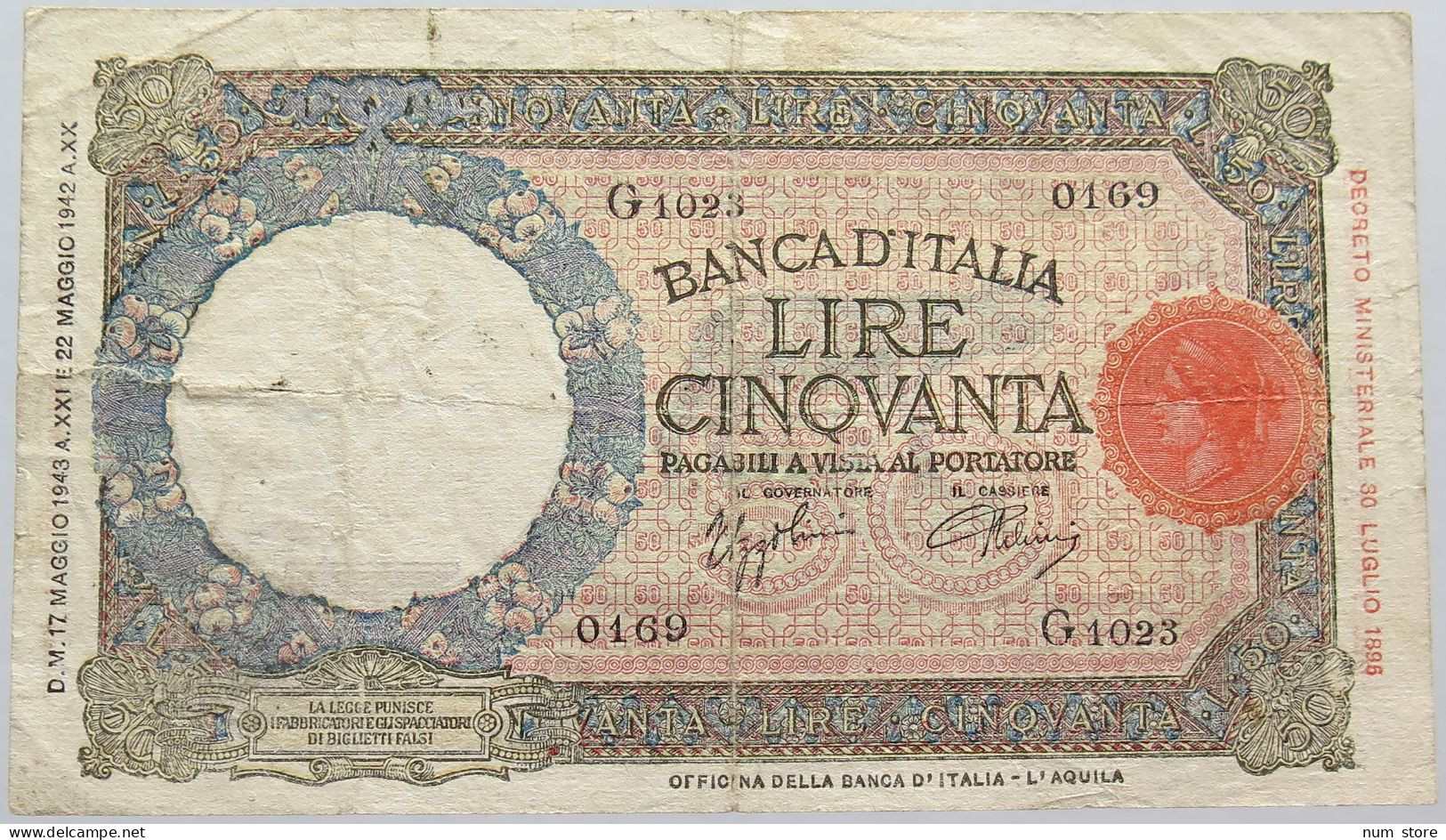 ITALY 50 LIRE 1942 #alb011 0175 - Autres & Non Classés