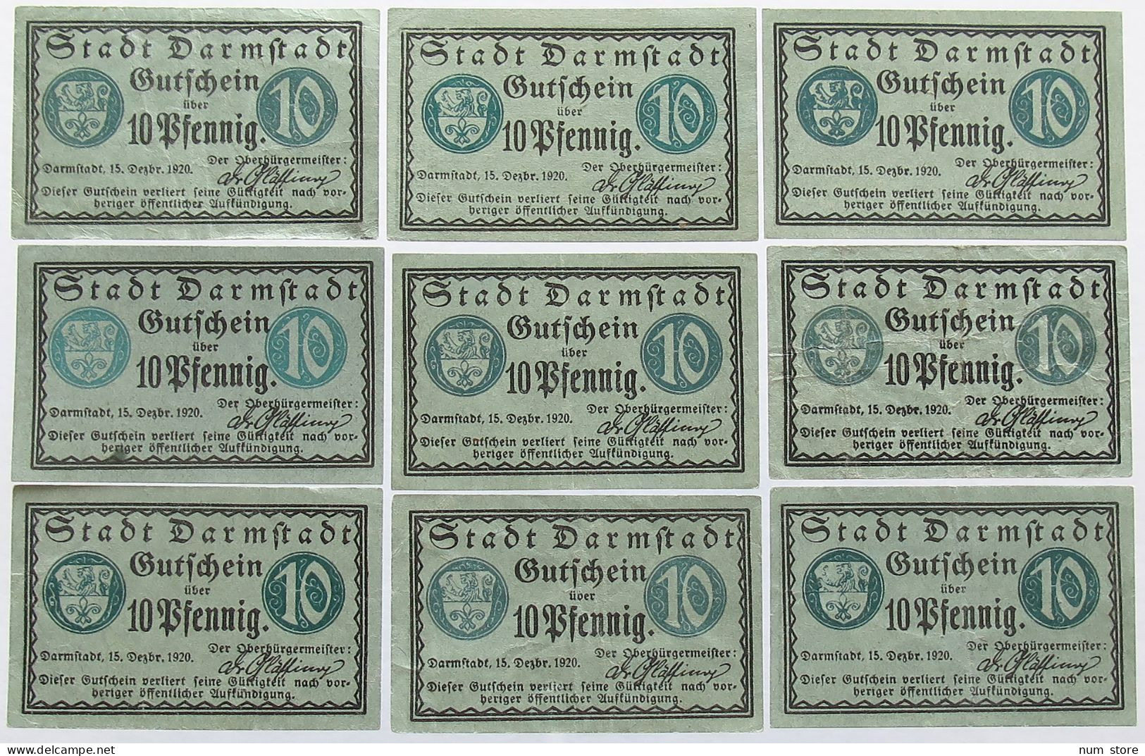 GERMANY WEIMAR LOT 10 PFENNIG 1920 DARMSTADT 9PC #alb006 0065 - Autres & Non Classés