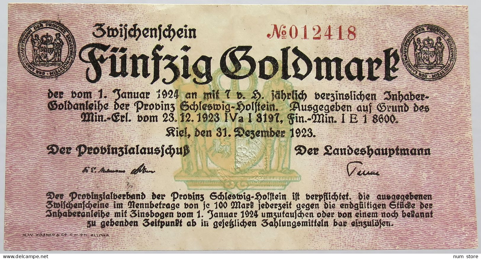 GERMANY WEIMAR 50 GOLDMARK 1923 SCHLESWIG HOLSTEIN #alb011 0169 - Deutsche Golddiskontbank